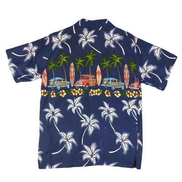 Pacific & Co Men's M Hawaiian Tropical Palms & Woody Cars Surfer Button Up Shirt - Picture 2 of 7